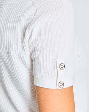 Chanel White Ribbed Knit Short Sleeve Top with Pocket Flower Embroidery Detail Size FR 36 (UK 8)