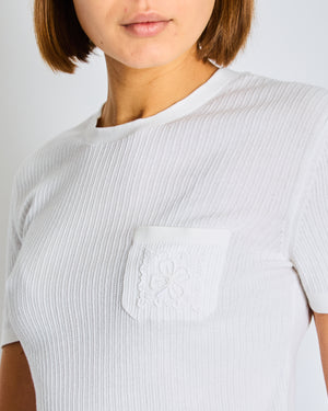 Chanel White Ribbed Knit Short Sleeve Top with Pocket Flower Embroidery Detail Size FR 36 (UK 8)