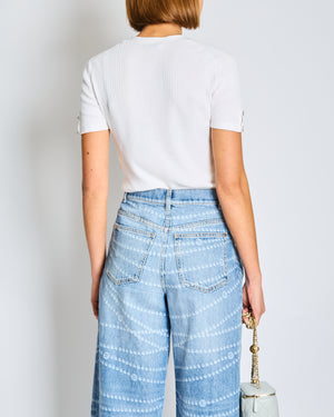 Chanel White Ribbed Knit Short Sleeve Top with Pocket Flower Embroidery Detail Size FR 36 (UK 8)