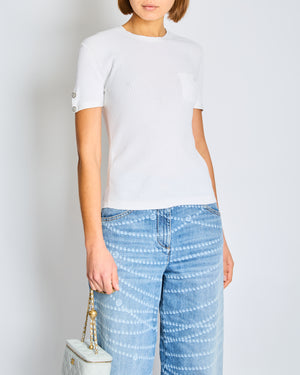 Chanel White Ribbed Knit Short Sleeve Top with Pocket Flower Embroidery Detail Size FR 36 (UK 8)