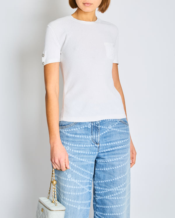 Chanel White Ribbed Knit Short Sleeve Top with Pocket Flower Embroidery Detail Size FR 36 (UK 8)