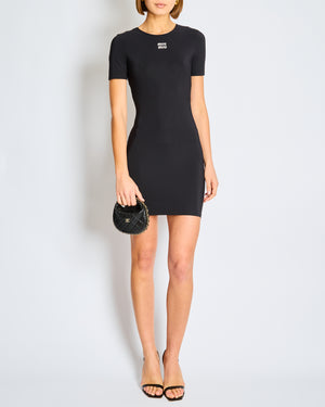 Miu Miu Black Short Sleeve Mini Dress with White Logo Embroidery Size EU 36 (UK 8)