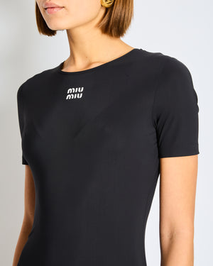 Miu Miu Black Short Sleeve Mini Dress with White Logo Embroidery Size EU 36 (UK 8)