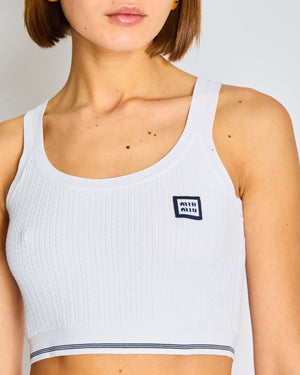 Miu Miu White Ribbed Knit Crop Top and Skirt Set with Black Striped Trim and Logo Patch Detail Size S (UK 8-10)