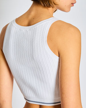 Miu Miu White Ribbed Knit Crop Top and Skirt Set with Black Striped Trim and Logo Patch Detail Size S (UK 8-10)