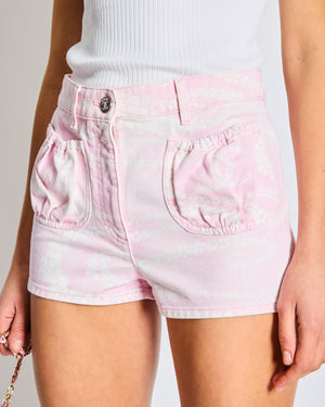 Chanel 25M Coco Beach Pink and White Denim Shorts with CC Logo Print FR 34 (UK 6)