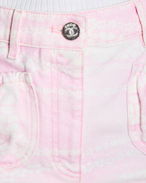 Chanel 25M Coco Beach Pink and White Denim Shorts with CC Logo Print FR 34 (UK 6)