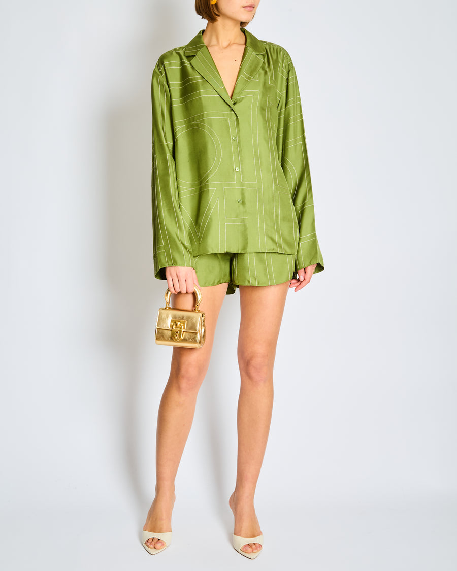 Toteme Green Monogram Silk Pyjama Shirt and Short Set Size FR 36 (UK 8)  RRP £860