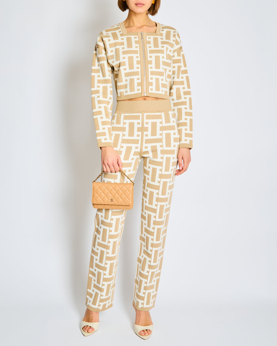 Hermès Taupe and White Mosaique Print Knit Cardigan and Trousers Set FR 34 Size UK 6
