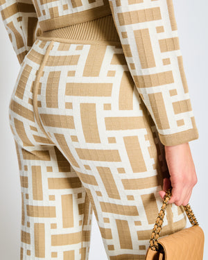 Hermès Taupe and White Mosaique Print Knit Cardigan and Trousers Set FR 34 Size UK 6