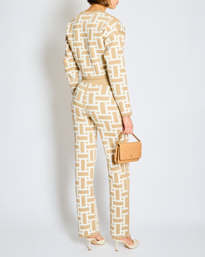Hermès Taupe and White Mosaique Print Knit Cardigan and Trousers Set FR 34 Size UK 6