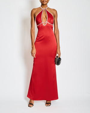 Rasario Red V-Neck Maxi Dress with Silver Crystal Details Size FR 36 (UK 8)