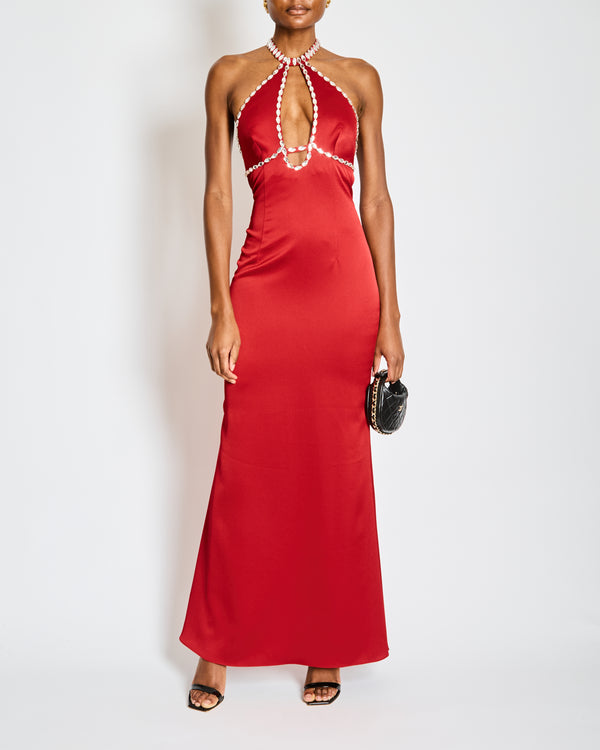 Rasario Red V-Neck Maxi Dress with Silver Crystal Details Size FR 36 (UK 8)