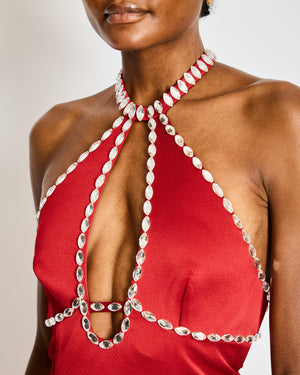 Rasario Red V-Neck Maxi Dress with Silver Crystal Details Size FR 36 (UK 8)