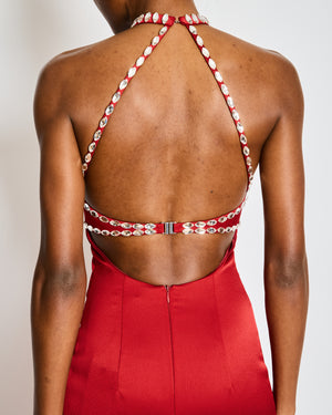 Rasario Red V-Neck Maxi Dress with Silver Crystal Details Size FR 36 (UK 8)