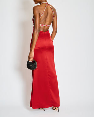 Rasario Red V-Neck Maxi Dress with Silver Crystal Details Size FR 36 (UK 8)