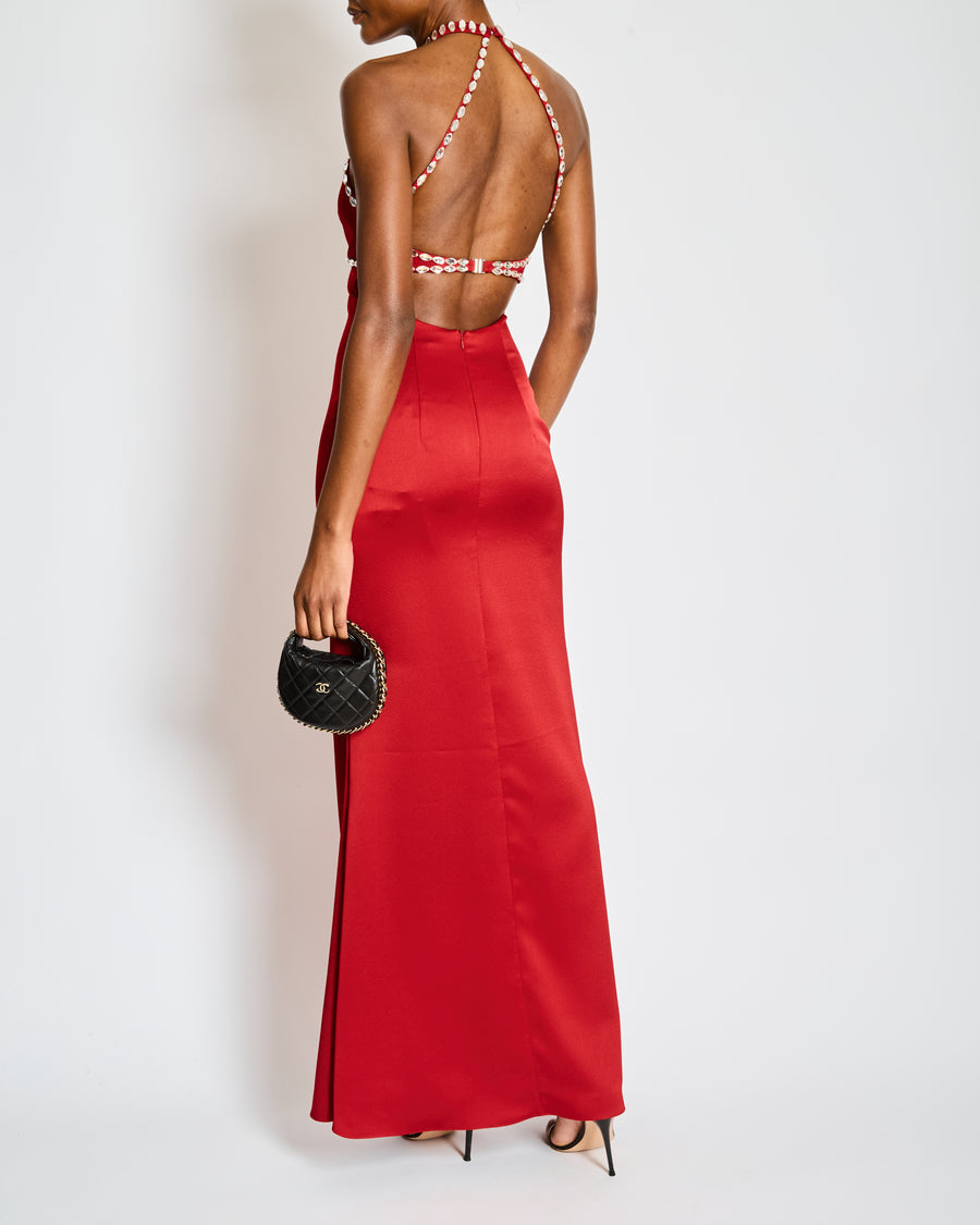 Rasario Red V-Neck Maxi Dress with Silver Crystal Details Size FR 36 (UK 8)