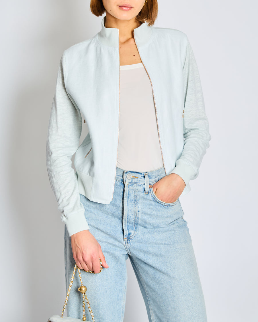 Capri Light Blue and Grey Long Sleeve Bomber Jacket with Gold Zip Detail Size XS UK 6