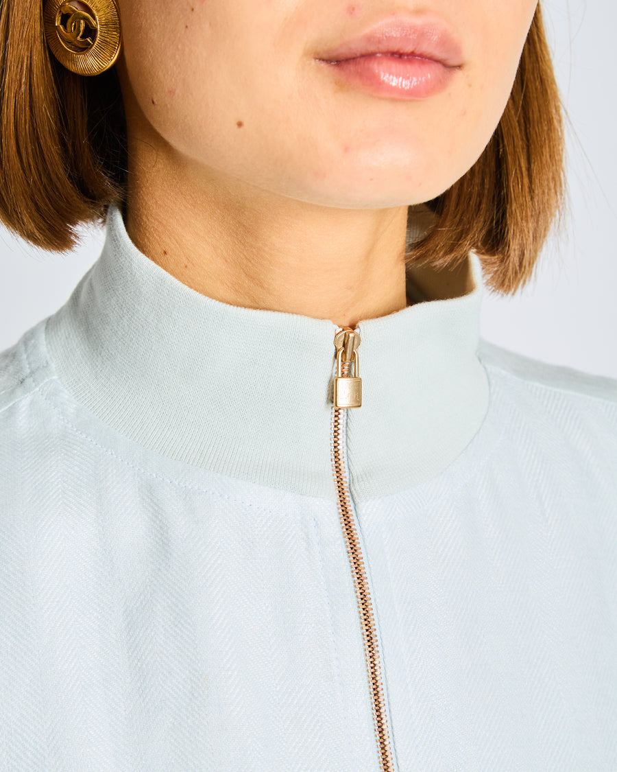 Capri Light Blue and Grey Long Sleeve Bomber Jacket with Gold Zip Detail Size XS UK 6