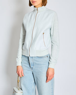 Capri Light Blue and Grey Long Sleeve Bomber Jacket with Gold Zip Detail Size XS UK 6