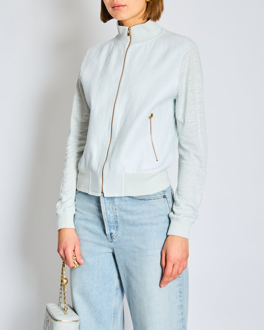 Capri Light Blue and Grey Long Sleeve Bomber Jacket with Gold Zip Detail Size XS UK 6