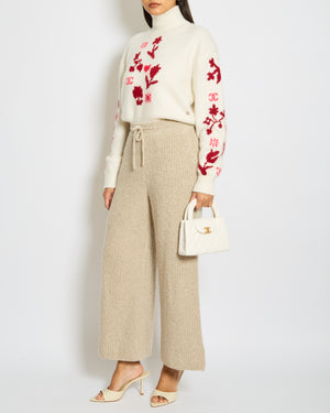 Loro Piana Beige Knitted Wide Leg Trousers with Tie Waist Size UK 8
