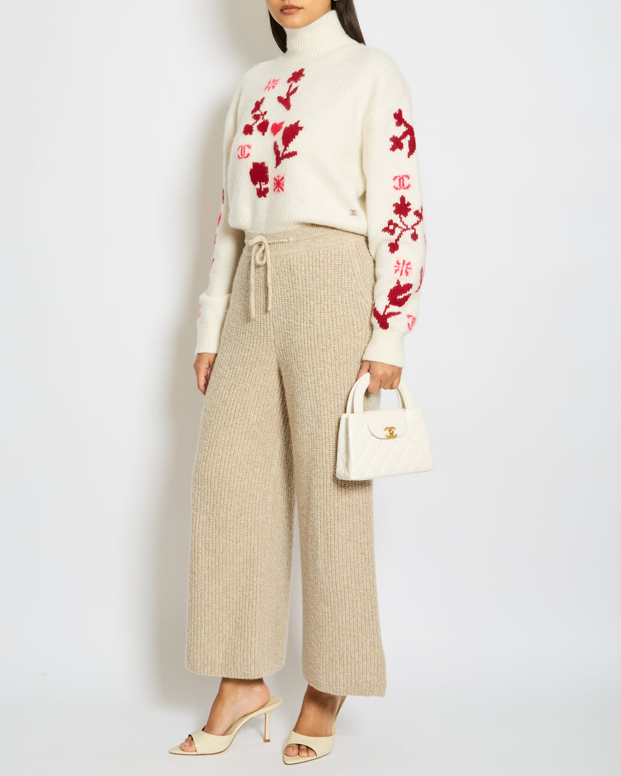 Loro Piana Beige Knitted Wide Leg Trousers with Tie Waist Size UK 8