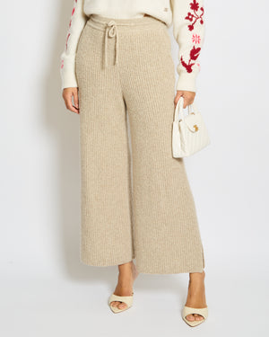 Loro Piana Beige Knitted Wide Leg Trousers with Tie Waist Size UK 8
