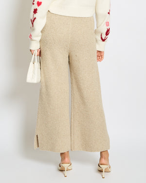 Loro Piana Beige Knitted Wide Leg Trousers with Tie Waist Size UK 8