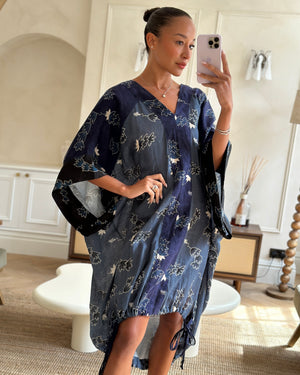 Loewe Navy Oversized Linen Kaftan Dress Dress with Floral Print and Drawstring Detail Size S (UK 8)