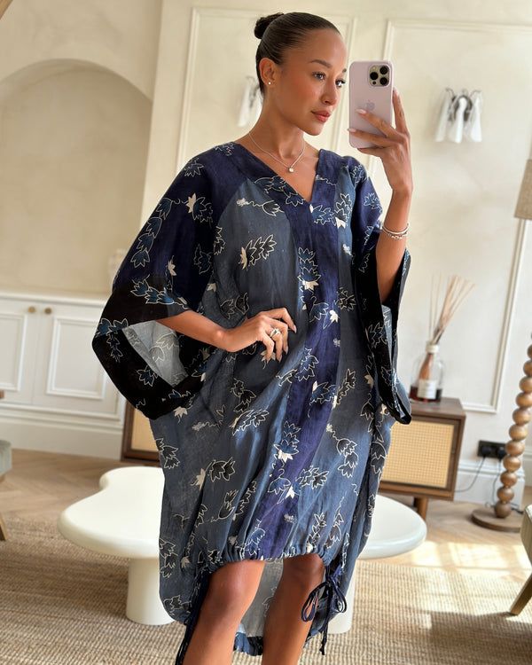 Loewe Navy Oversized Linen Kaftan Dress Dress with Floral Print and Drawstring Detail Size S (UK 8)
