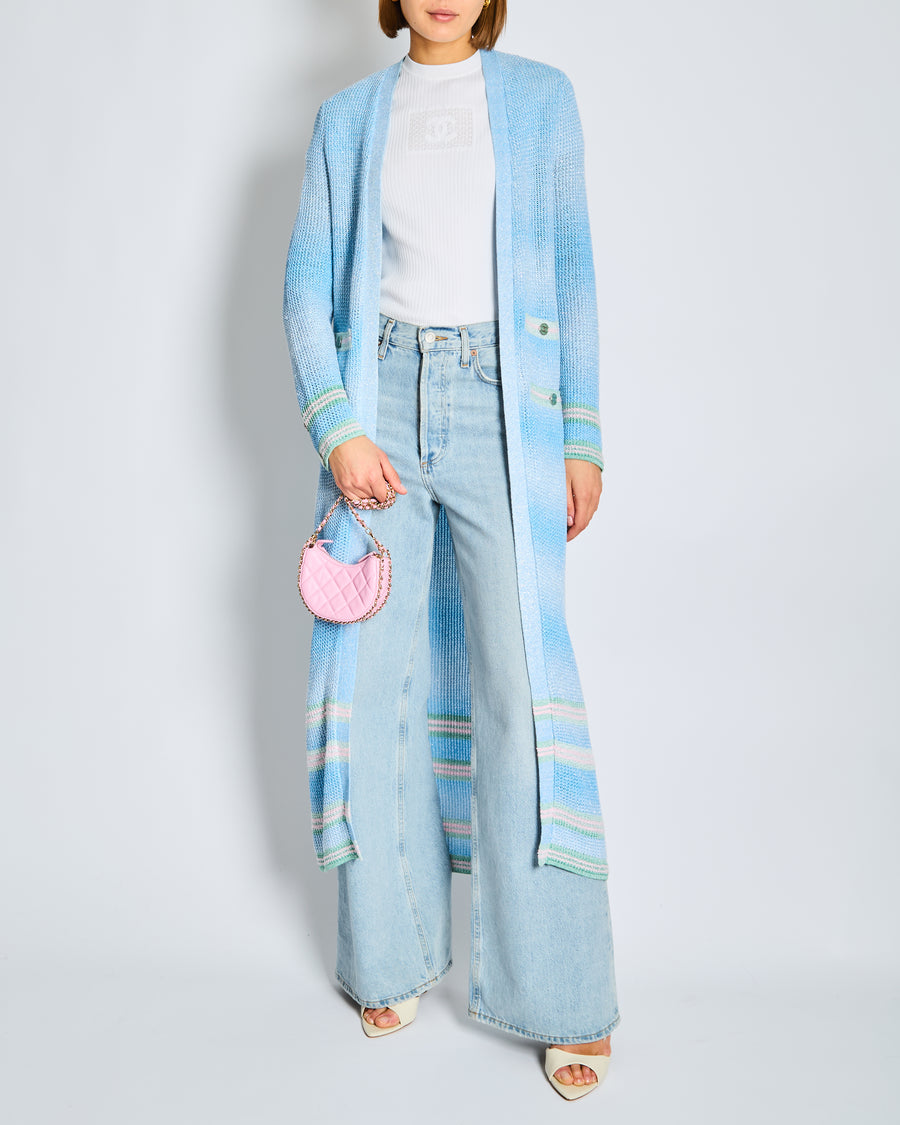 Chanel 23S Blue Long-line Striped Knitted Cardigan with Green and Pink Trim and CC Button Detail Size