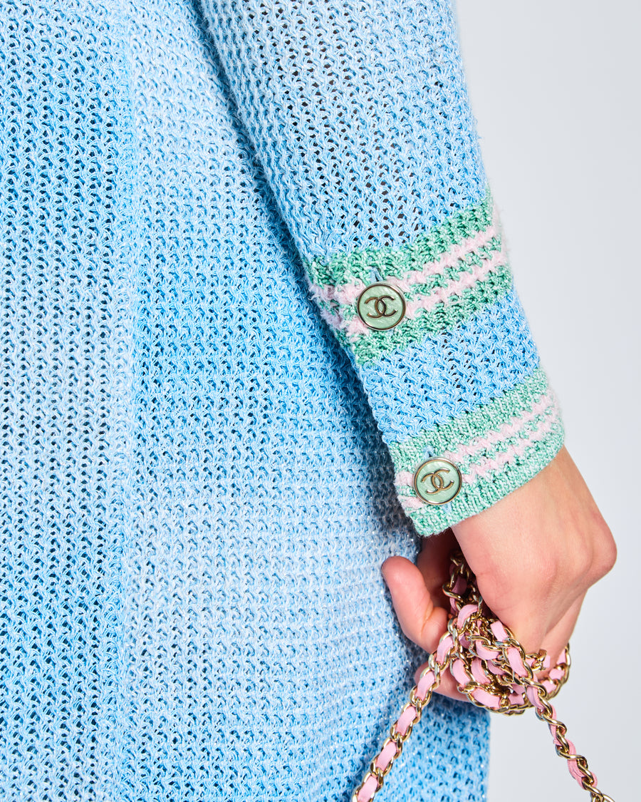 Chanel 23S Blue Long-line Striped Knitted Cardigan with Green and Pink Trim and CC Button Detail Size