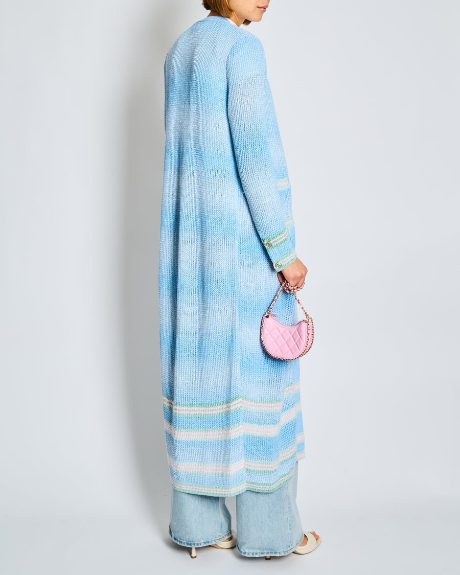 Chanel 23S Blue Long-line Striped Knitted Cardigan with Green and Pink Trim and CC Button Detail Size