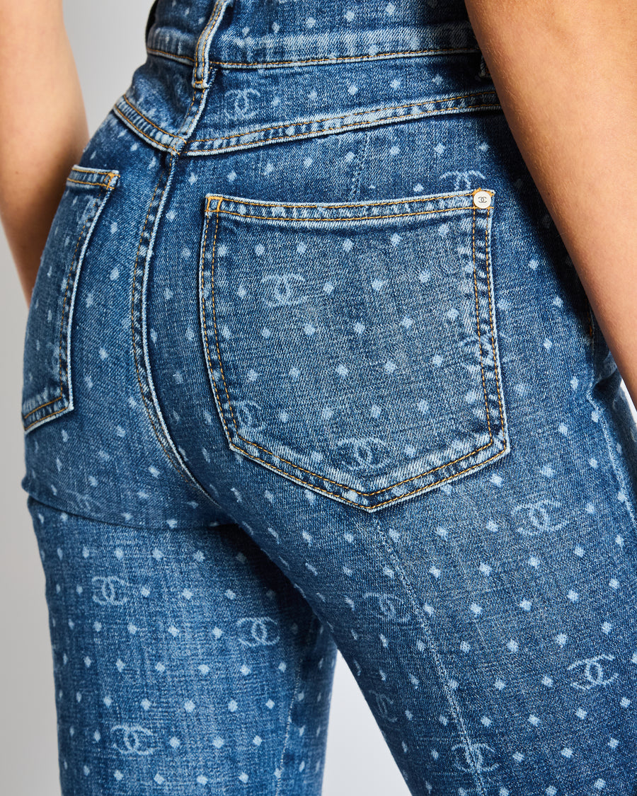 Chanel Blue Denim Skinny Jeans with CC Logo Print and Zip Hem Detail Size FR 34 Size UK 6