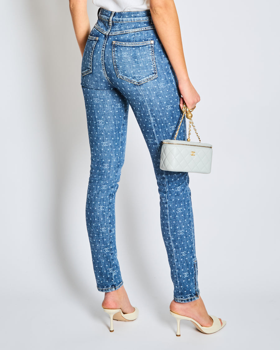 Chanel Blue Denim Skinny Jeans with CC Logo Print and Zip Hem Detail Size FR 34 Size UK 6