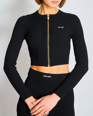Miu Miu Black Cropped Zip Cardigan and Skirt Set with White Logo Embroidery Size FR 36 (UK 8)