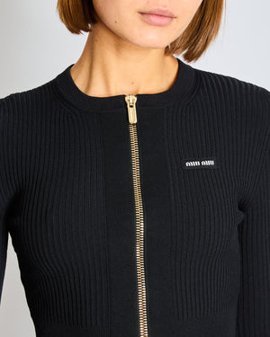 Miu Miu Black Cropped Zip Cardigan and Skirt Set with White Logo Embroidery Size FR 36 (UK 8)