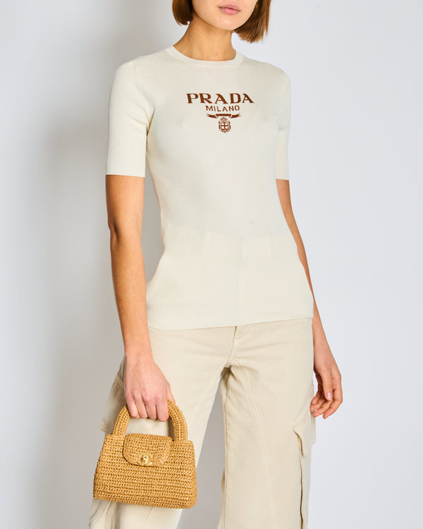 Prada Cream Knit Short Sleeve Top with Black Logo Detail IT 38 Size UK 6