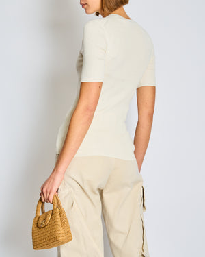 Prada Cream Knit Short Sleeve Top with Black Logo Detail IT 38 Size UK 6