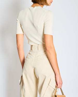 Prada Cream Knit Short Sleeve Top with Black Logo Detail IT 38 Size UK 6