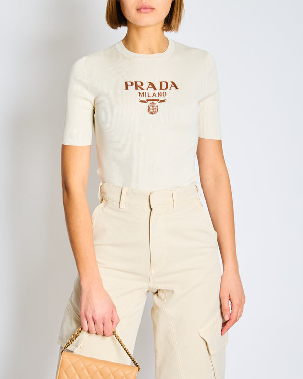 Prada Cream Knit Short Sleeve Top with Black Logo Detail IT 38 Size UK 6