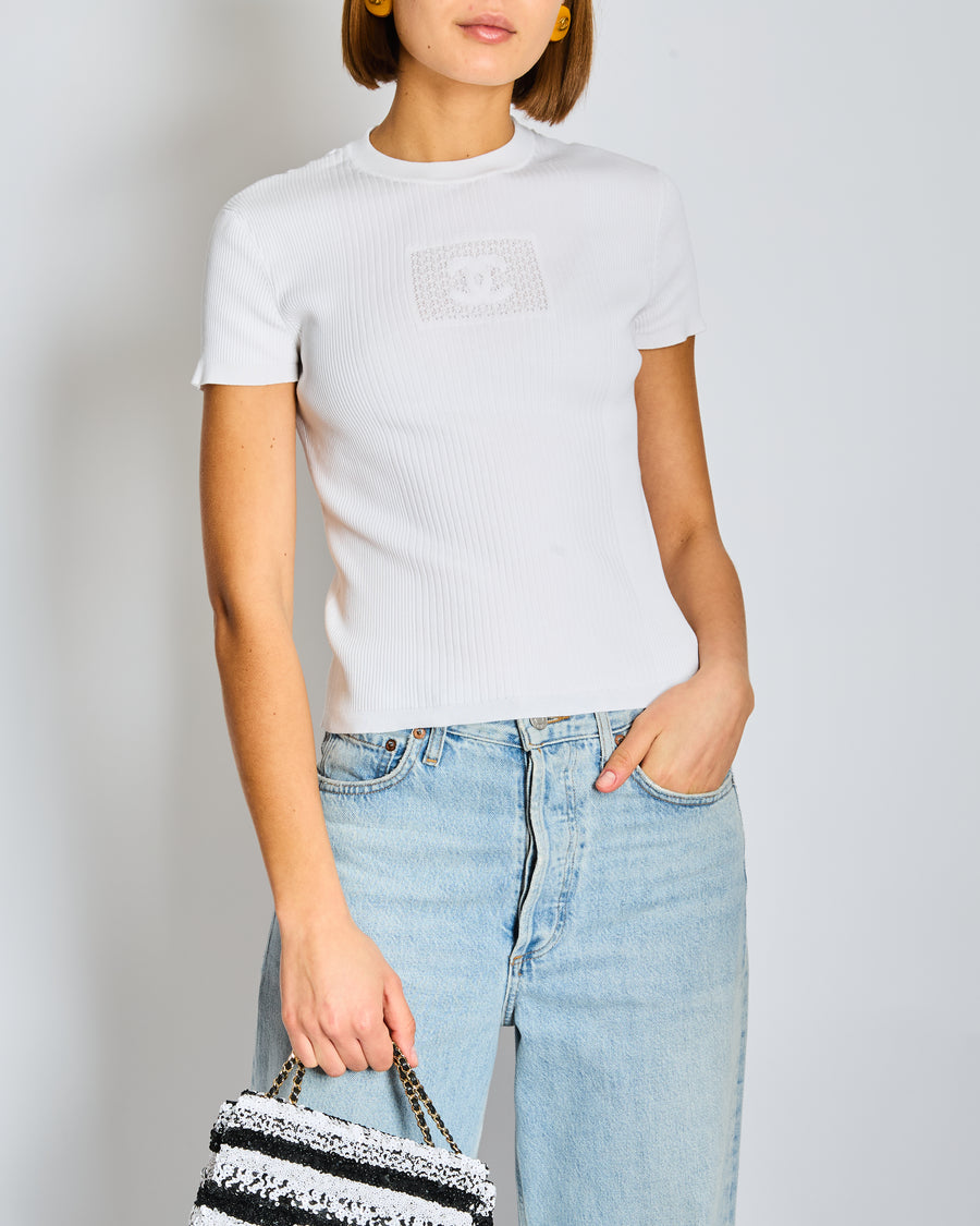 Chanel White Knit Short Sleeve Top with CC Logo Detail FR 34 Size UK 6