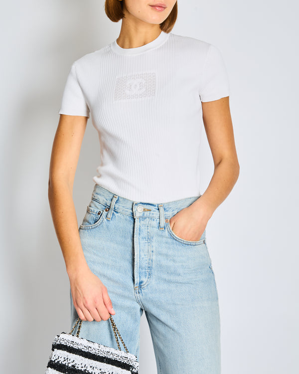 Chanel White Knit Short Sleeve Top with CC Logo Detail FR 34 Size UK 6