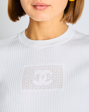 Chanel White Knit Short Sleeve Top with CC Logo Detail FR 34 Size UK 6