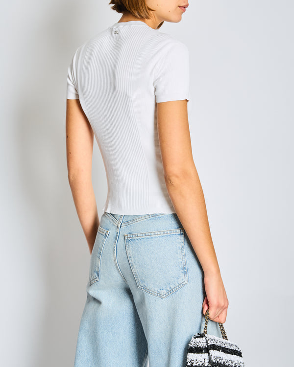 Chanel White Knit Short Sleeve Top with CC Logo Detail FR 34 Size UK 6