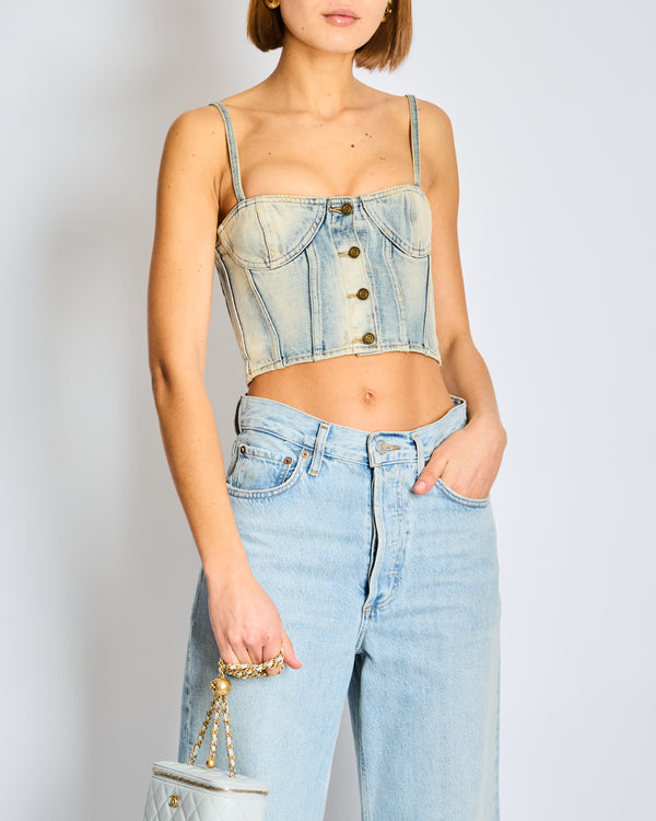 Saint Laurent Blue Denim Sweetheart Neckline Corset Top FR 36 Size UK 8