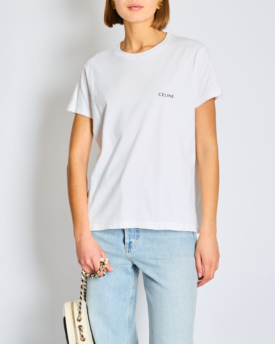 Celine White Cotton T-shirt with Black Logo FR 36 Size UK 8
