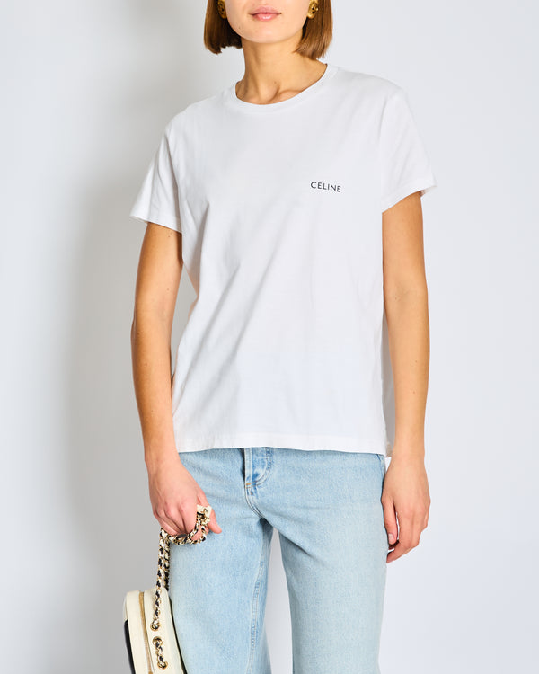 Celine White Cotton T-shirt with Black Logo FR 36 Size UK 8