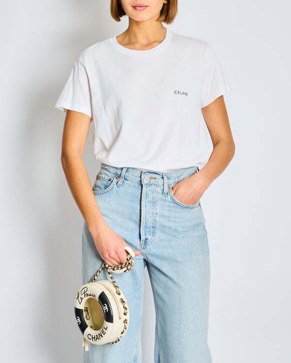 Celine White Cotton T-shirt with Black Logo FR 36 Size UK 8